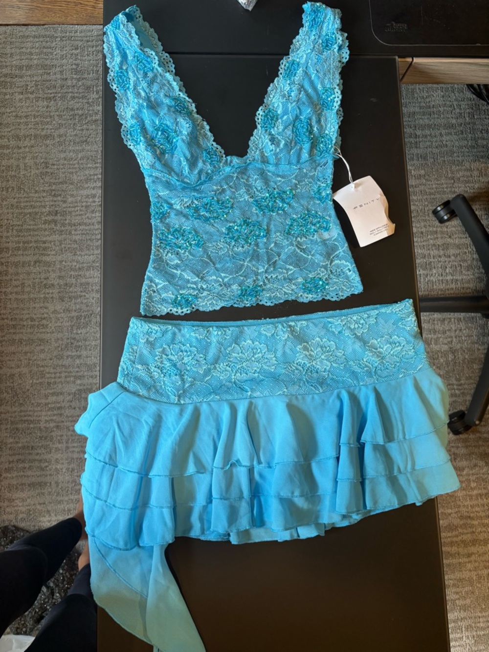 Fenty Beauty Bright Turquoise Lace Camisole & Ruffled Skirt Set